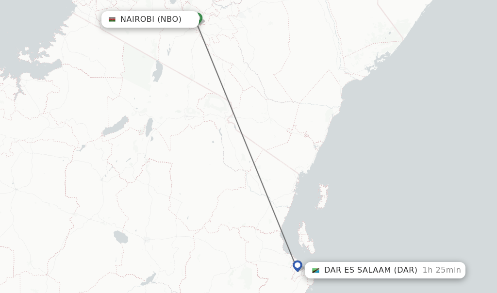 Flights from Nairobi to Dar Es Salaam route map