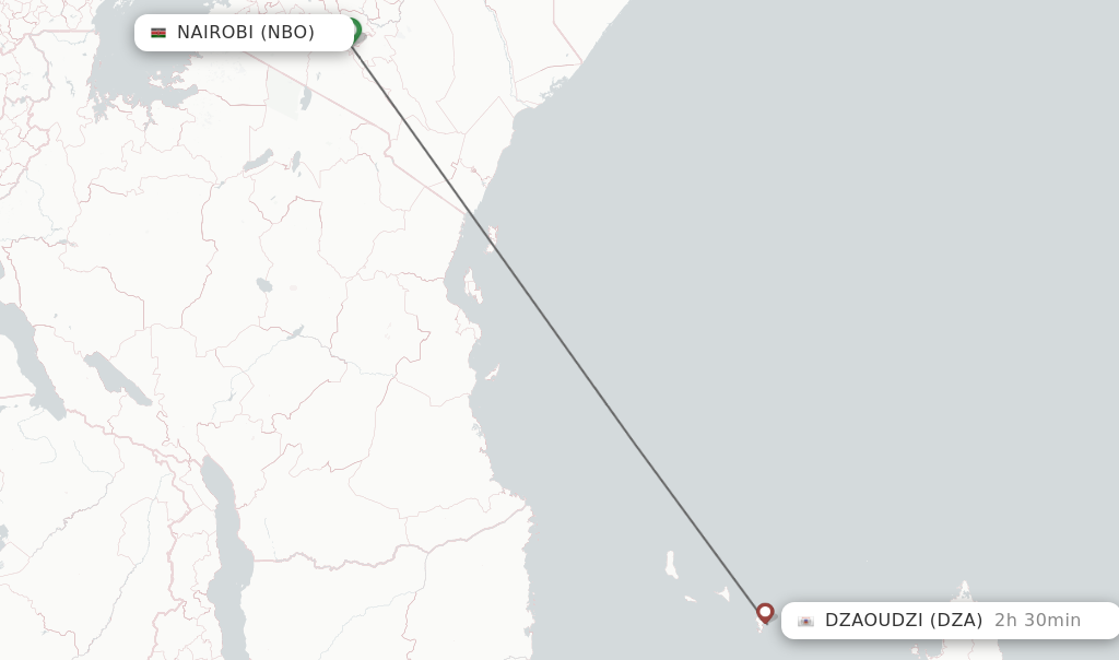 Flights from Nairobi to Dzaoudzi route map