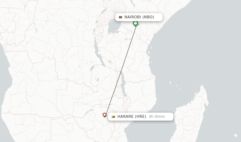Flights from Nairobi to Harare route map
