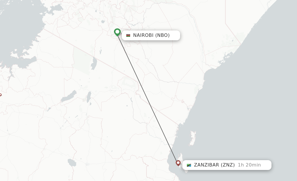 Flights from Nairobi to Zanzibar route map