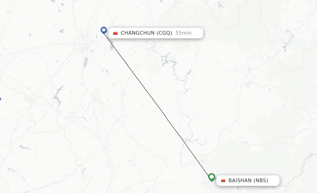 Flights from Baishan to Changchun route map