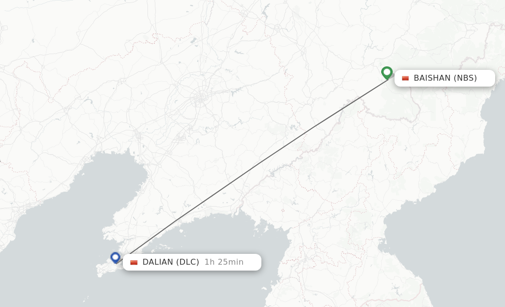 Flights from Baishan to Dalian route map