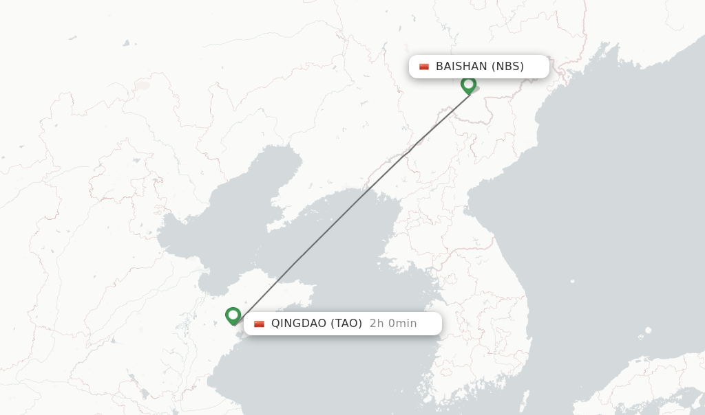 Flights from Baishan to Qingdao route map