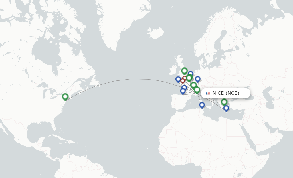 Route map with flights from Nice with Air France