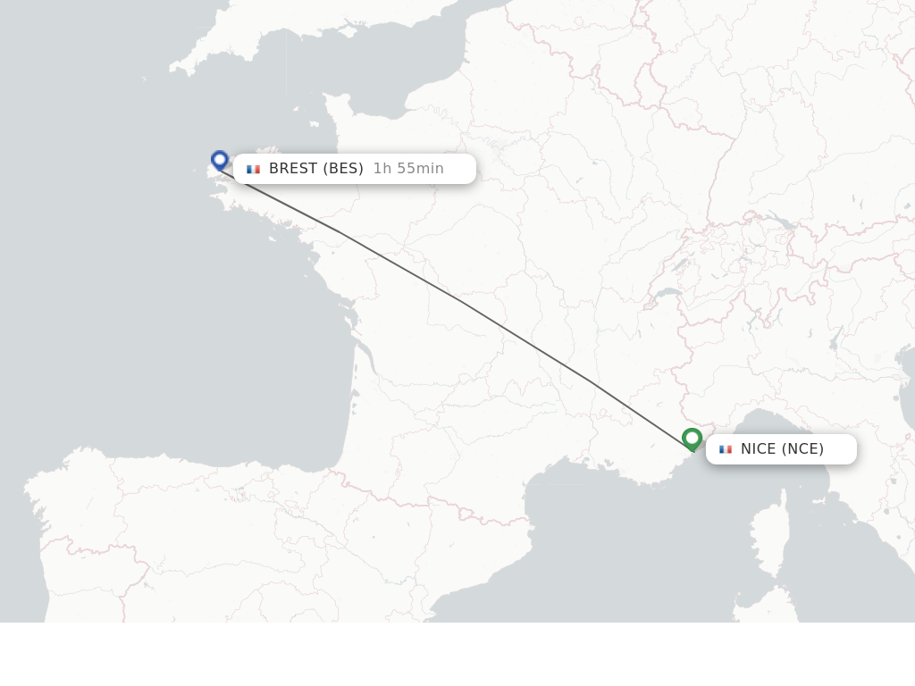 Flights from Nice to Brest route map