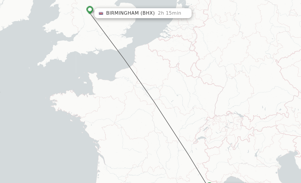 Flights from Nice to Birmingham route map