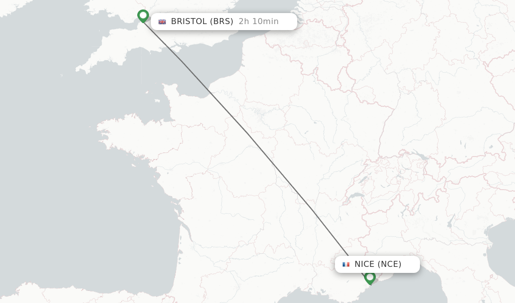 Flights from Nice to Bristol route map