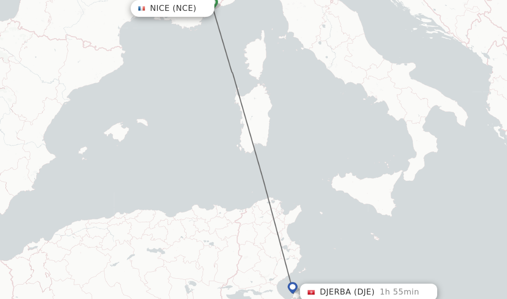 Flights from Nice to Djerba route map