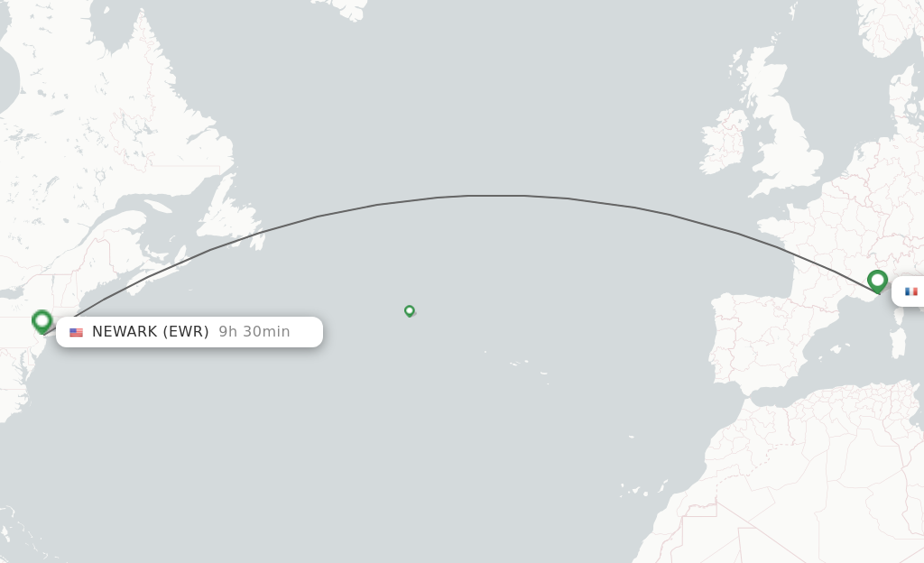 Flights from Nice to New York route map
