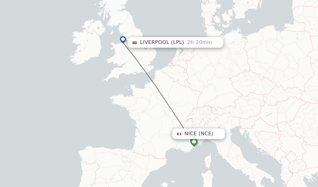 Flights from Nice to Liverpool route map