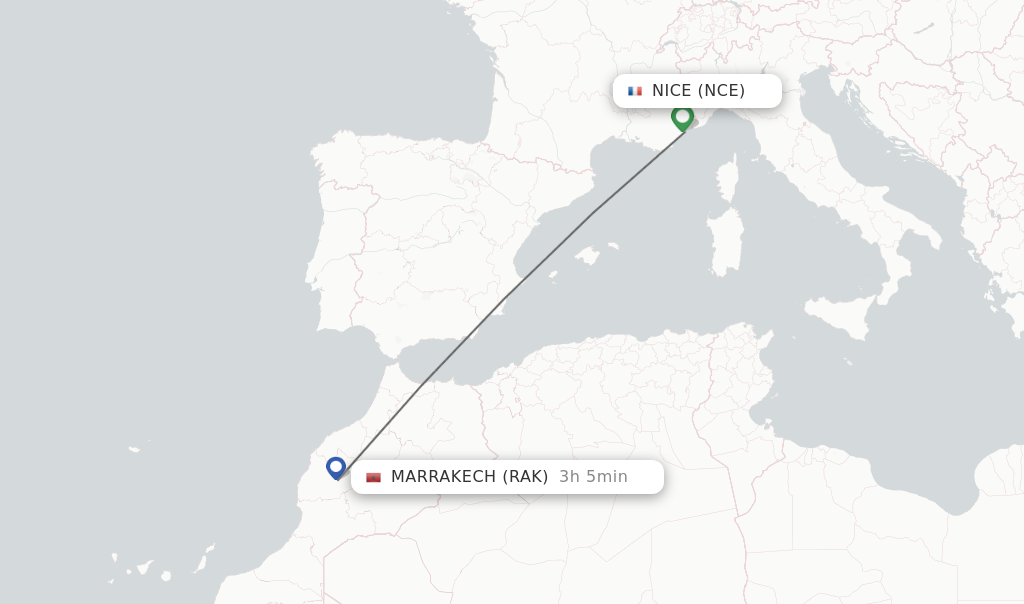 Flights from Nice to Marrakech route map