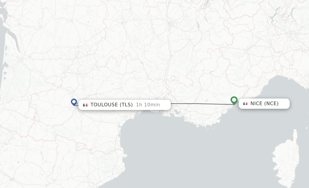 Flights from Nice to Toulouse route map