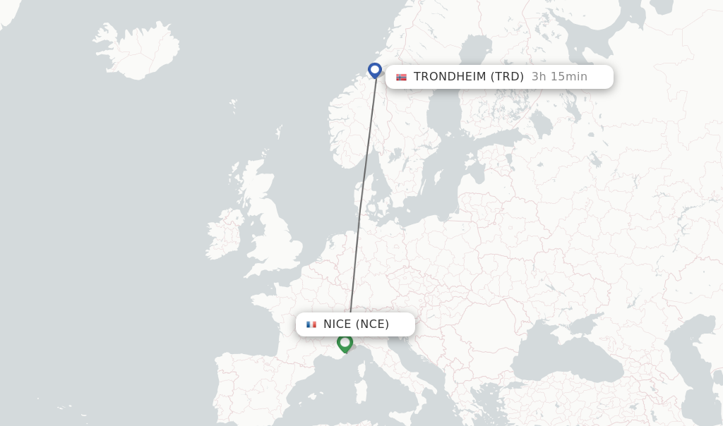 Flights from Nice to Trondheim route map