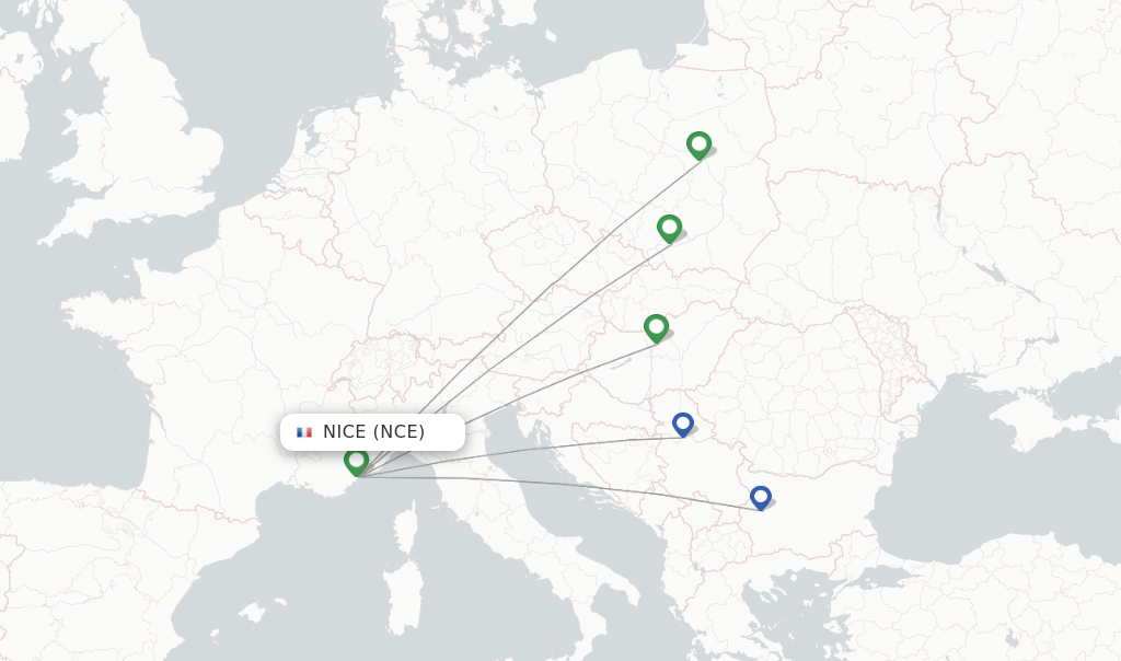 Route map with flights from Nice with Wizz Air