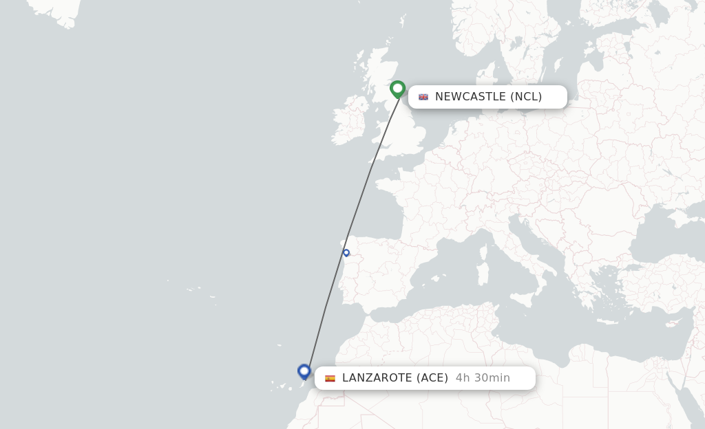Flights from Newcastle to Lanzarote route map