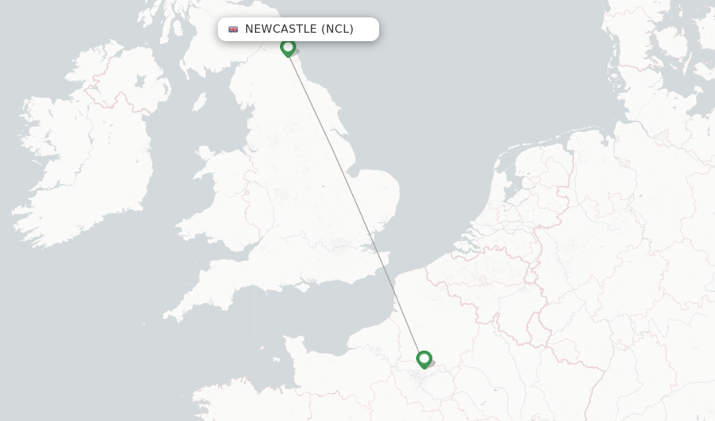 Route map with flights from Newcastle with Air France