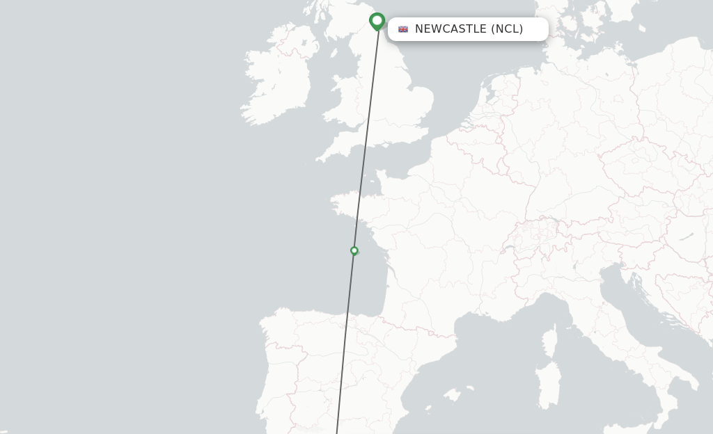 Flights from Newcastle to Malaga route map