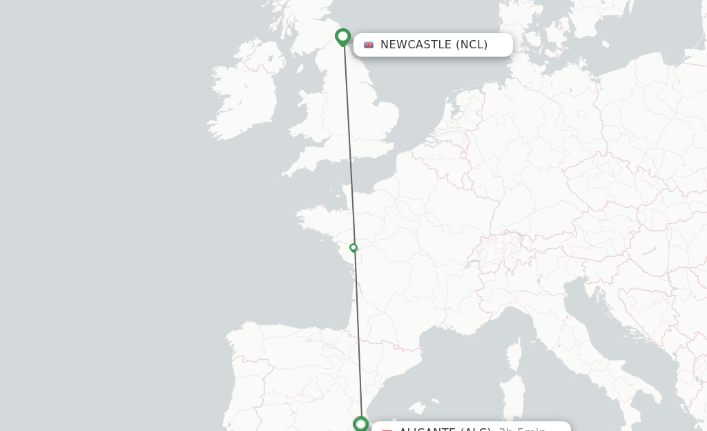 Flights from Newcastle to Alicante route map