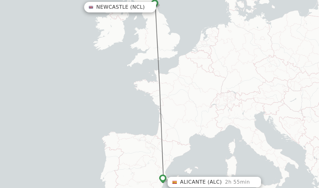 Flights from Newcastle to Alicante route map