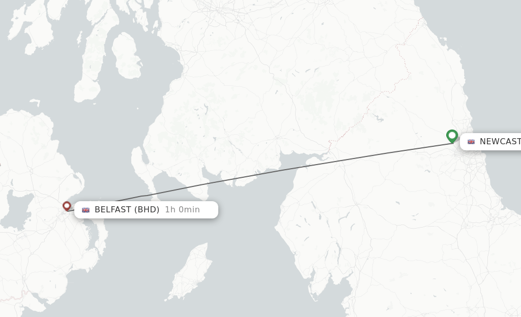 Flights from Newcastle to Belfast route map