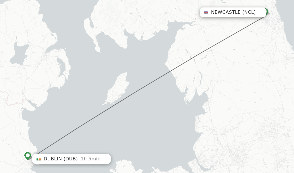 Flights from Newcastle to Dublin route map