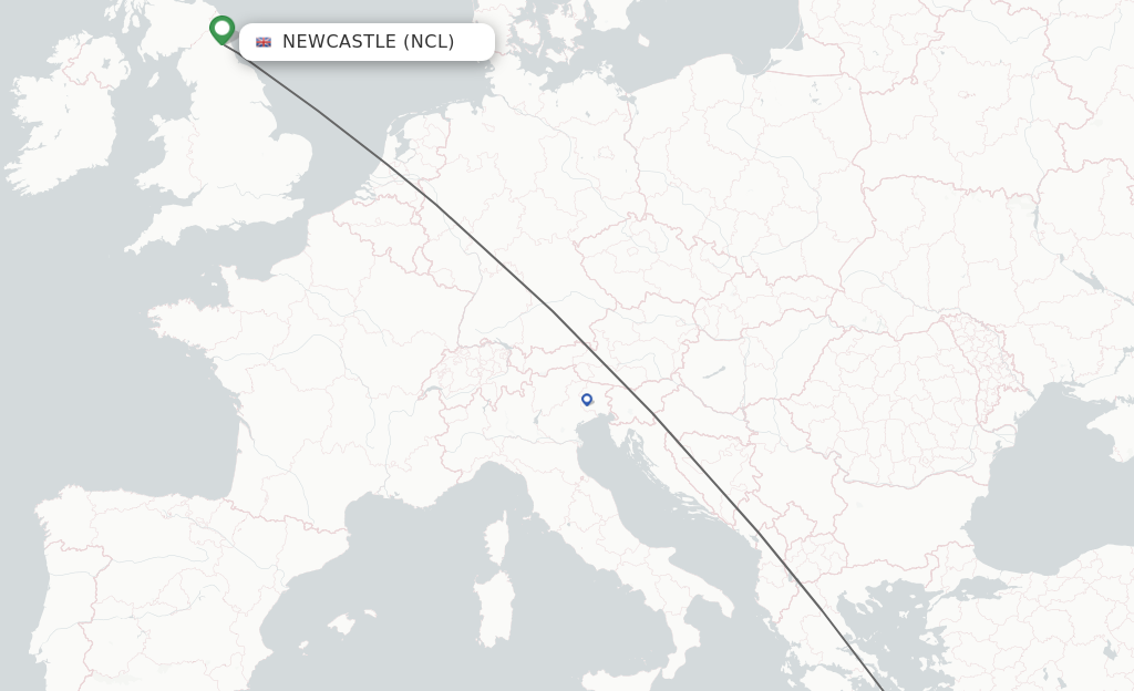 Flights from Newcastle to Thira route map