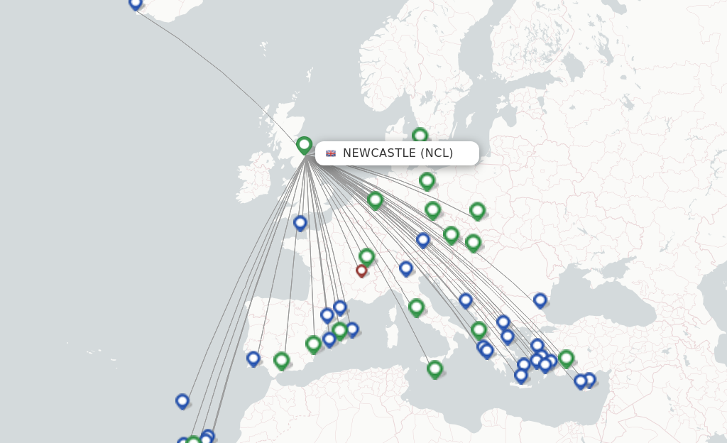 Route map with flights from Newcastle with Jet2