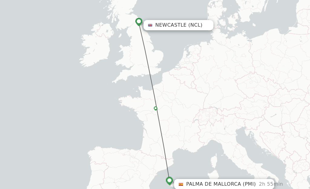 Flights from Newcastle to Palma De Mallorca route map