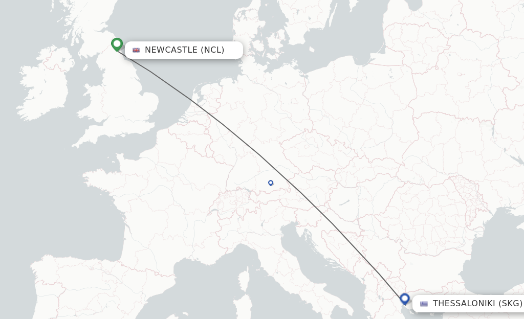 Flights from Newcastle to Thessaloniki route map