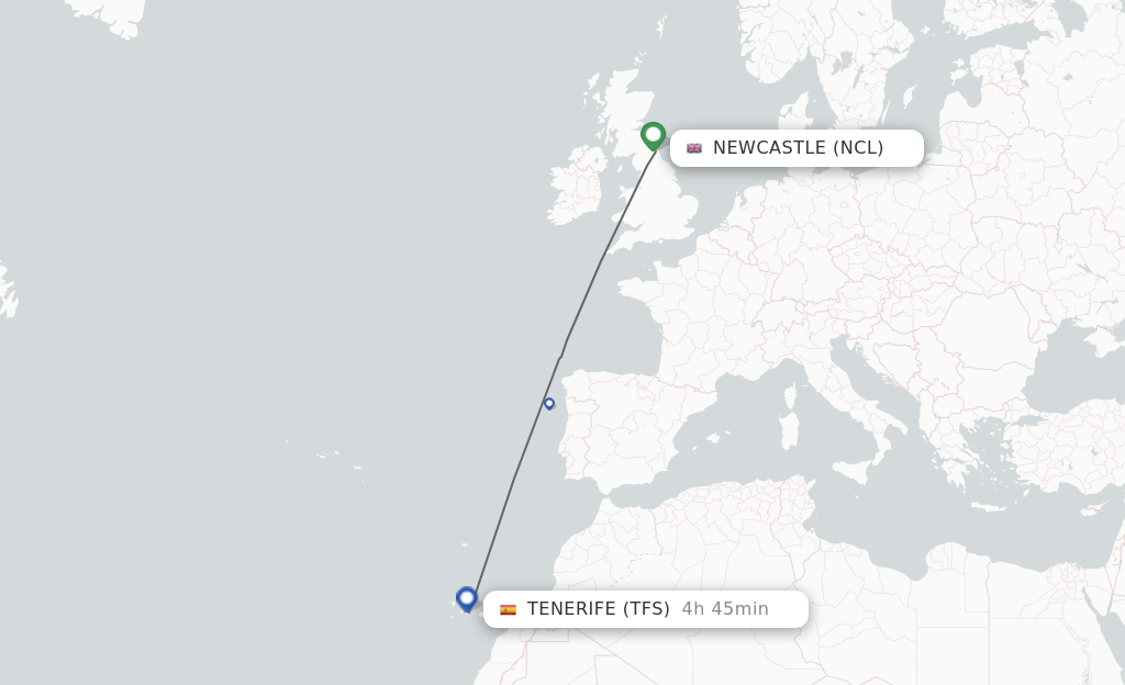 Flights from Newcastle to Tenerife route map