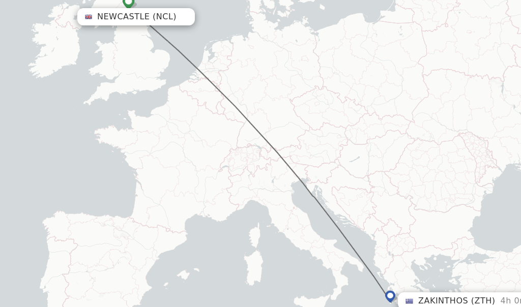 Flights from Newcastle to Zakinthos route map