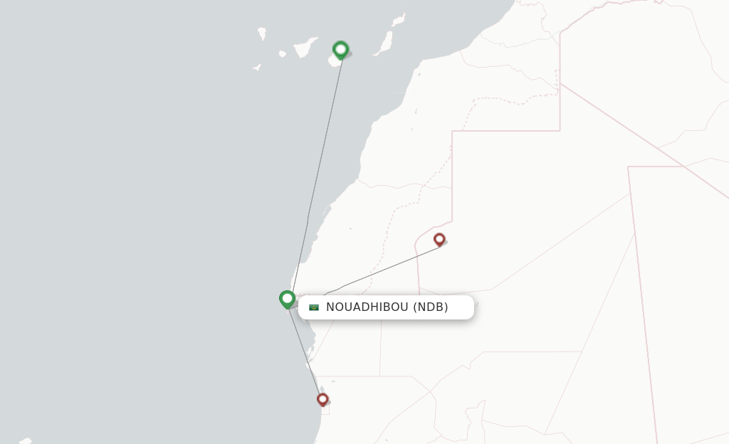 Route map with flights from Nouadhibou with Mauritania Airlines International