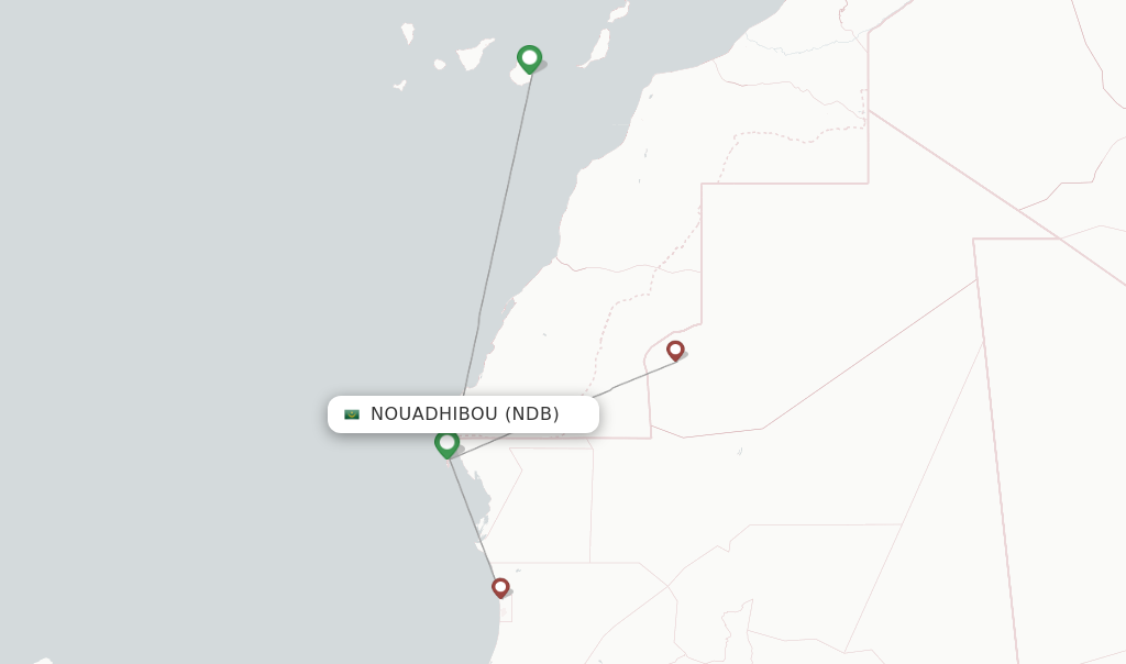 Route map with flights from Nouadhibou with Mauritania Airlines