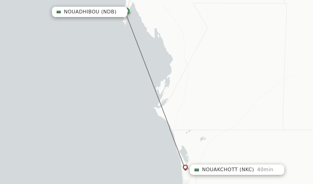 Flights from Nouadhibou to Nouakchott route map