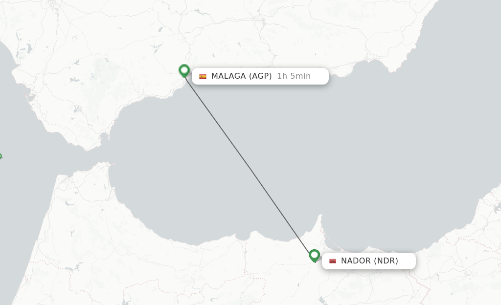 Flights from Nador to Malaga route map
