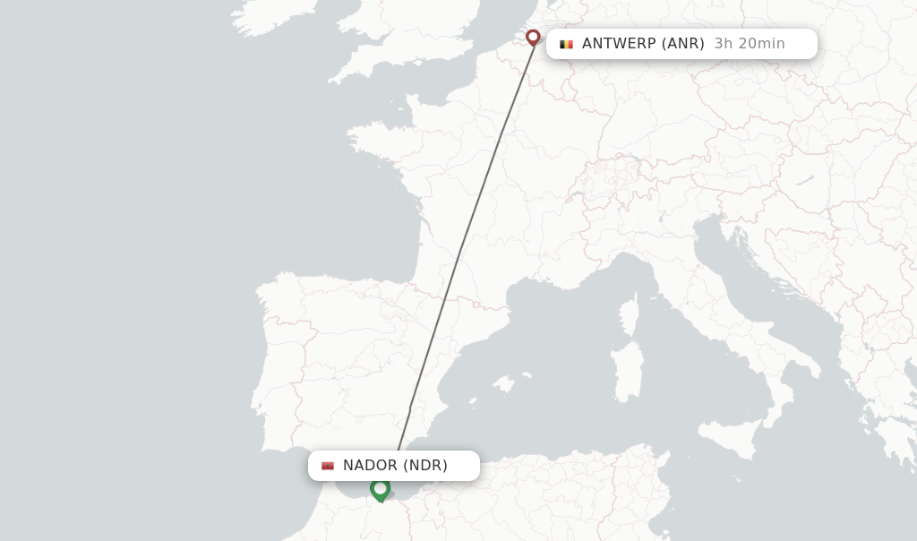 Flights from Nador to Antwerp route map