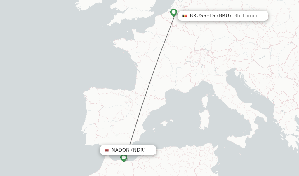 Flights from Nador to Brussels route map