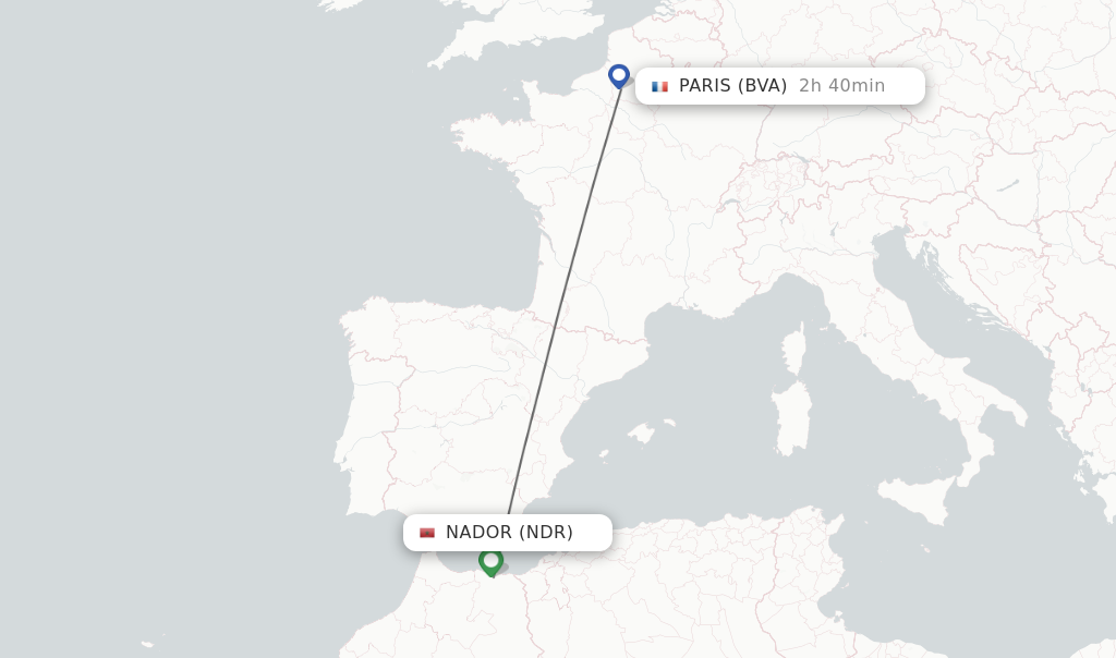 Flights from Nador to Paris route map