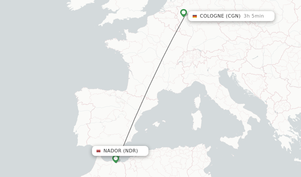 Flights from Nador to Cologne route map
