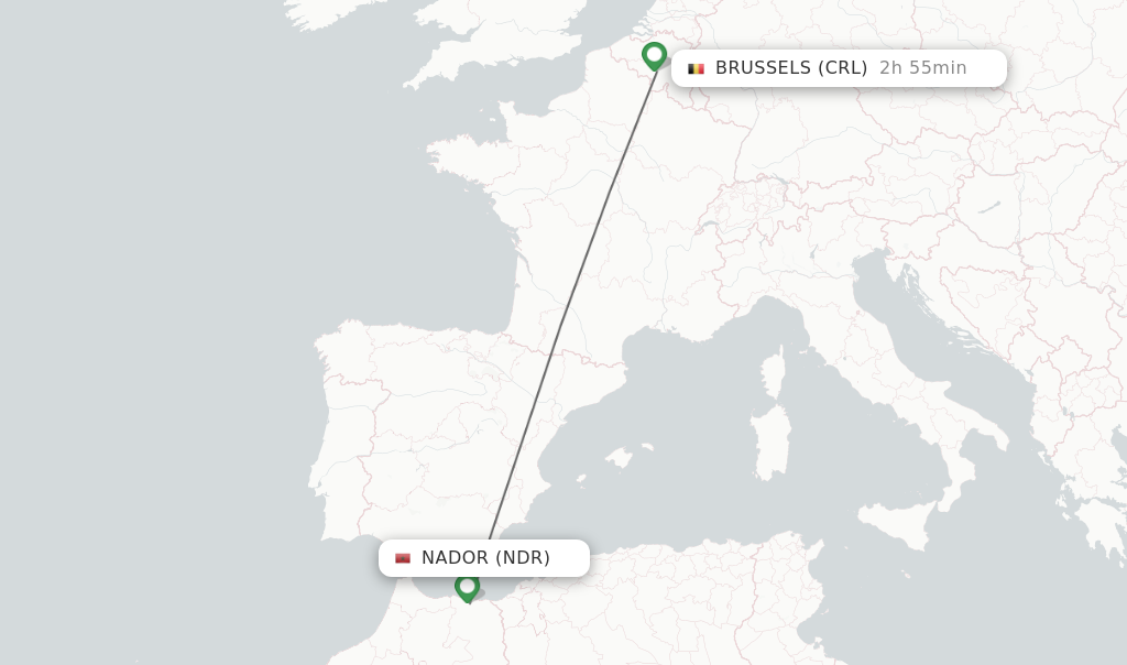 Flights from Nador to Brussels route map