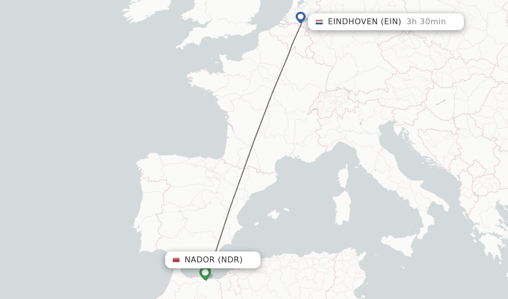 Flights from Nador to Eindhoven route map