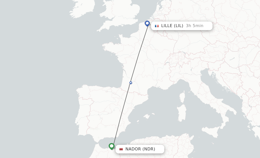 Flights from Nador to Lille route map