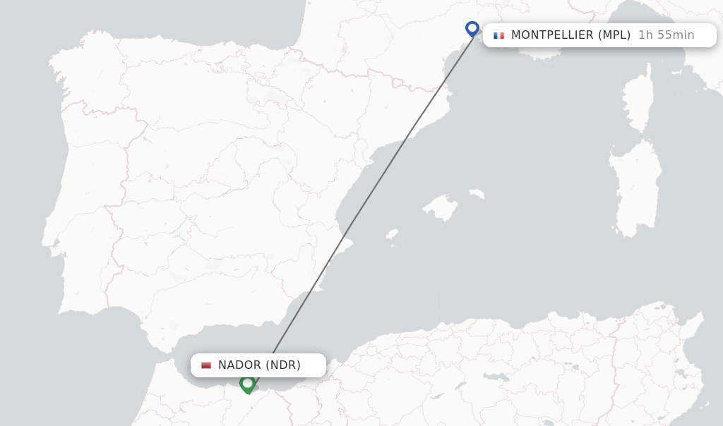 Flights from Nador to Montpellier route map