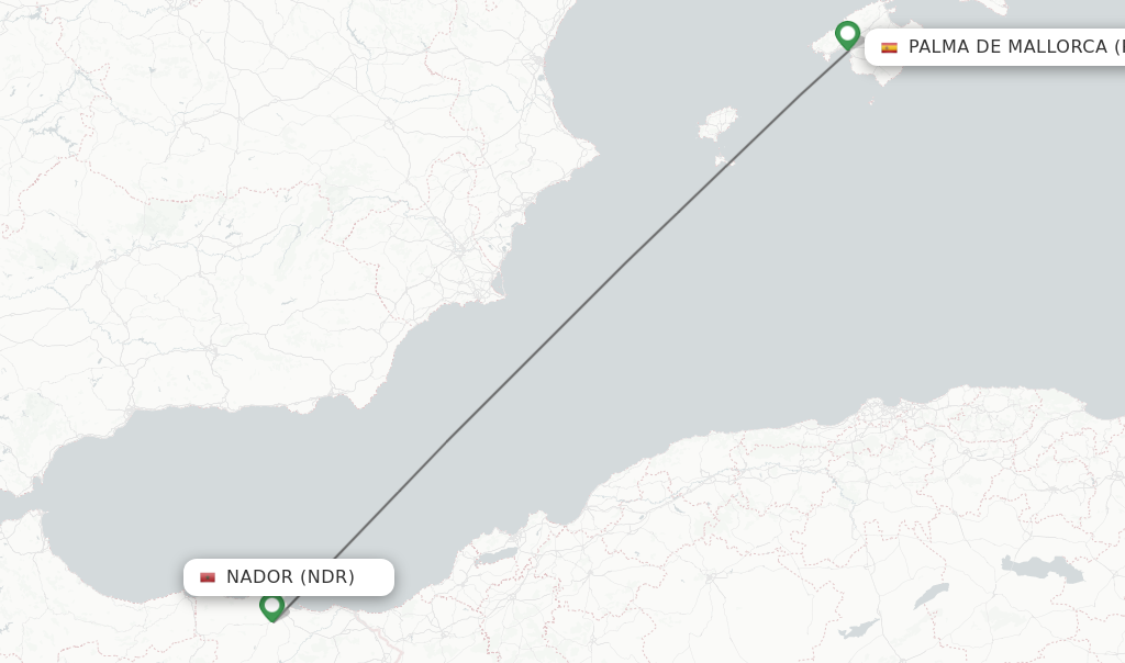 Flights from Nador to Palma de Mallorca route map