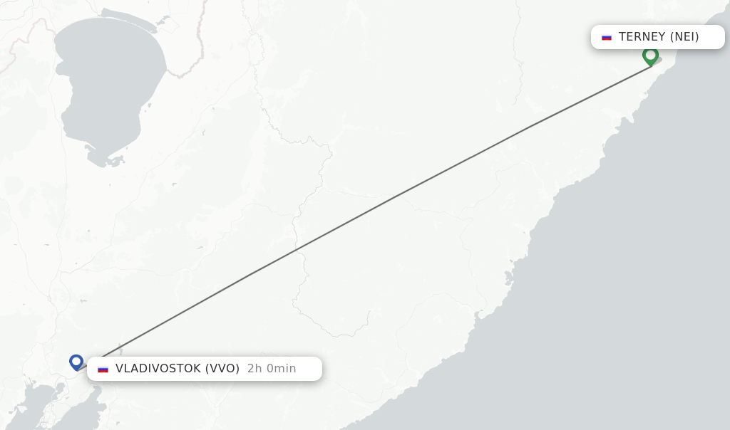 Flights from Terney to Vladivostok route map