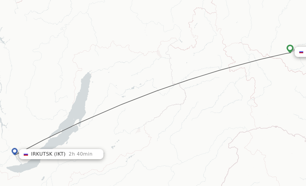 Flights from Neryungri to Irkutsk route map