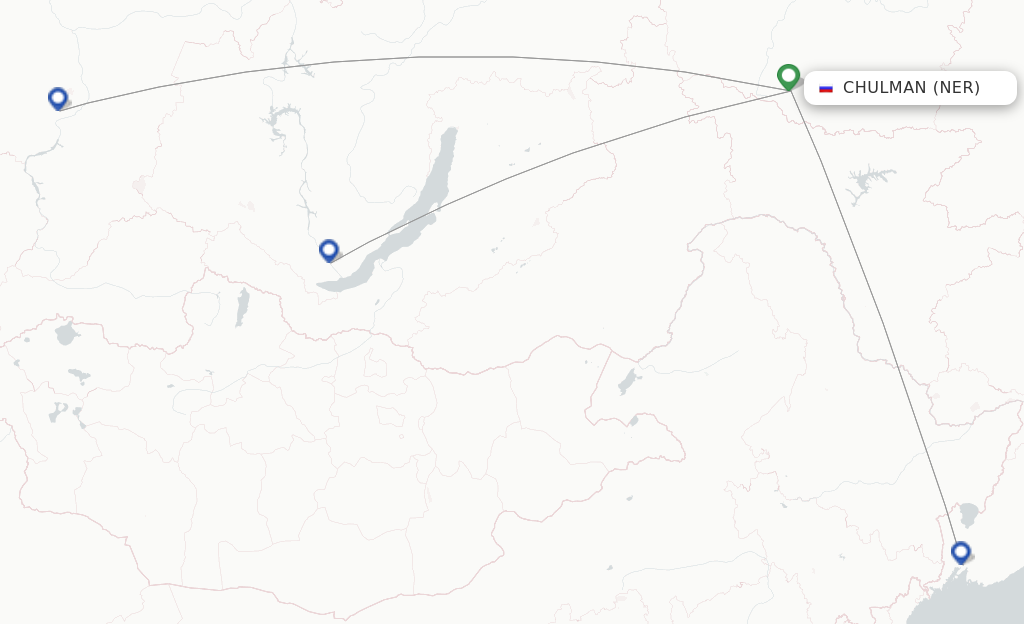 Route map with flights from Neryungri with IrAero