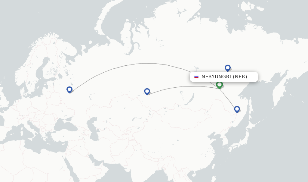 Route map with flights from Neryungri with Yakutia