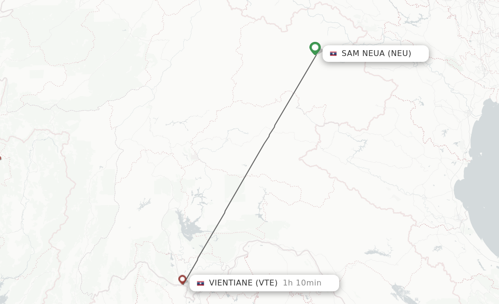 Flights from Sam Neua to Vientiane route map