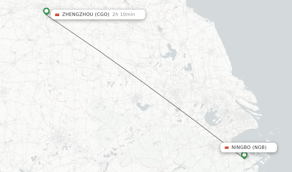 Flights from Ningbo to Zhengzhou route map